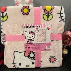 🌸🌷Hello Kitty Spring Easter Flowers Pink Plush Blanket TWIN Size 🌷🌸